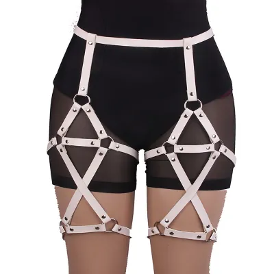Adjustable Double Row Cross Design Imitation Leather Suspenders Leg Thigh Ring Unisex Sports