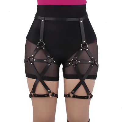 Adjustable Double Row Cross Design Imitation Leather Suspenders Leg Thigh Ring Unisex Sports
