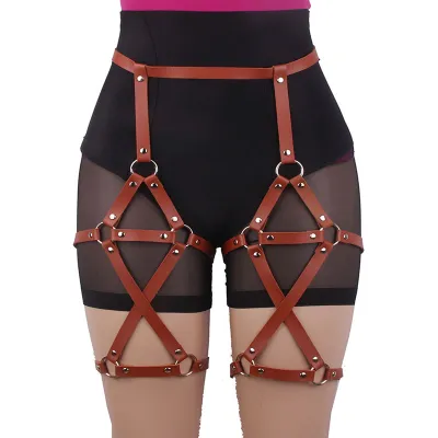Adjustable Double Row Cross Design Imitation Leather Suspenders Leg Thigh Ring Unisex Sports