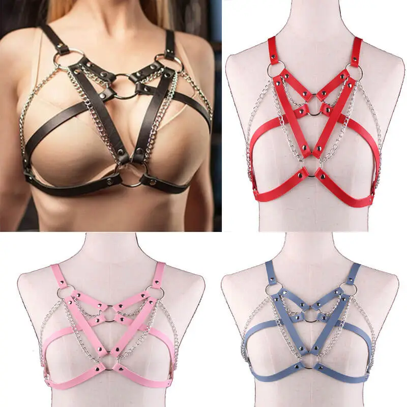 Women Sexy Harajuku O-ring PU Faux Leather Body Chain