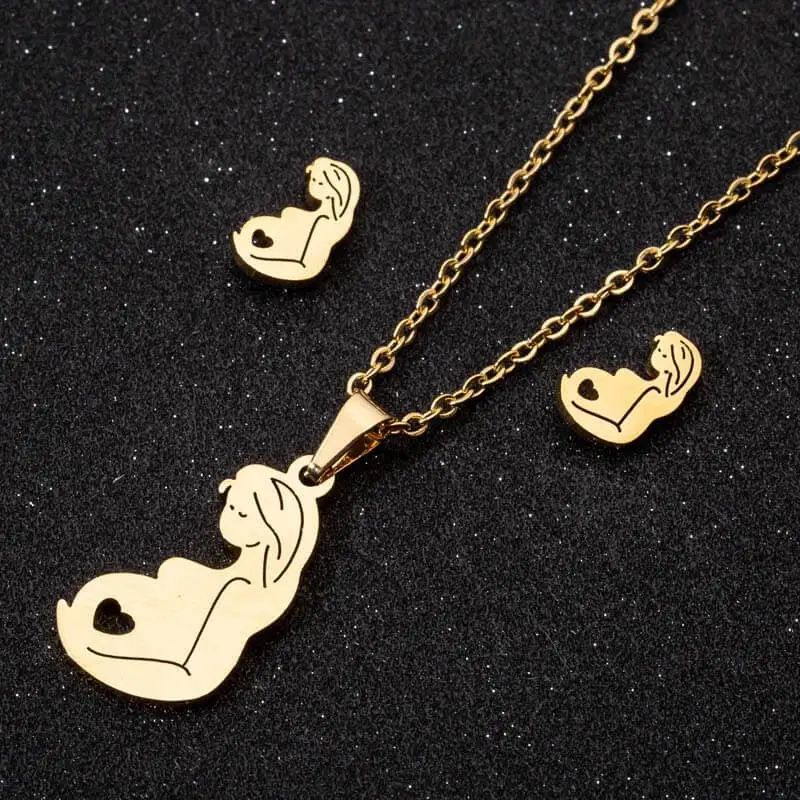 2pcs/set Stainless Steel Mother Day Portrait Design Earrings And Necklace Set, Cartoon Style, Women's