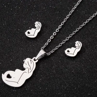 2pcs/set Stainless Steel Mother Day Portrait Design Earrings And Necklace Set, Cartoon Style, Women's