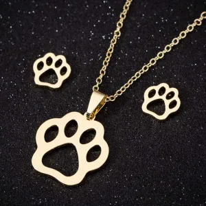 2pcs/set Women Fashion Hollow Out Cat Paw Design Stainless Steel Earrings And Necklace Set