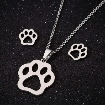 2pcs/set Women Fashion Hollow Out Cat Paw Design Stainless Steel Earrings And Necklace Set