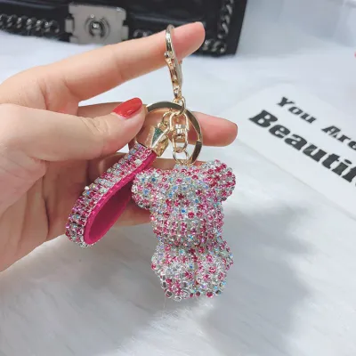 Cartoon Full Diamond Bear Figurine Key Chain for Women