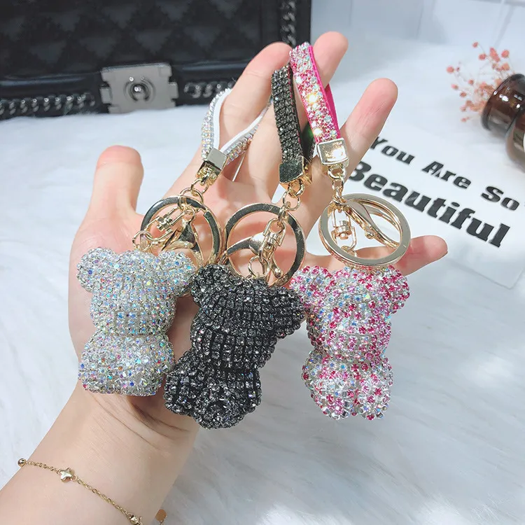 Cartoon Full Diamond Bear Figurine Key Chain for Women