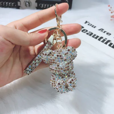 Cartoon Full Diamond Bear Figurine Key Chain for Women