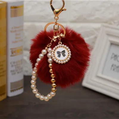 Fashion Pearl Chain Bow Decor Pompon Key Chain