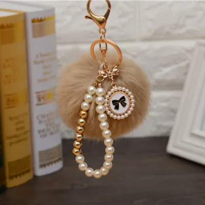 Fashion Pearl Chain Bow Decor Pompon Key Chain