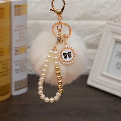 Fashion Pearl Chain Bow Decor Pompon Key Chain