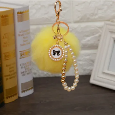 Fashion Pearl Chain Bow Decor Pompon Key Chain