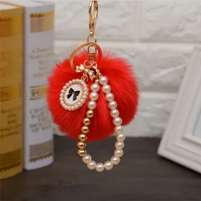 Fashion Pearl Chain Bow Decor Pompon Key Chain