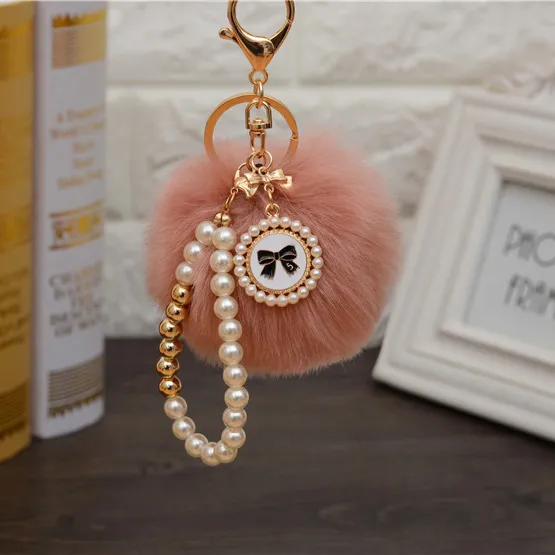 Fashion Pearl Chain Bow Decor Pompon Key Chain