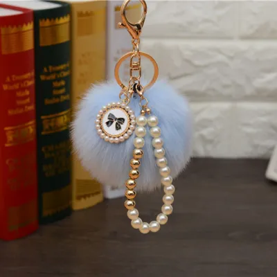 Fashion Pearl Chain Bow Decor Pompon Key Chain