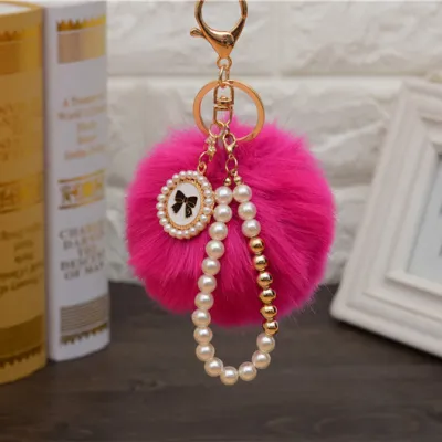Fashion Pearl Chain Bow Decor Pompon Key Chain