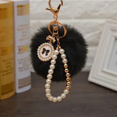 Fashion Pearl Chain Bow Decor Pompon Key Chain