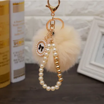 Fashion Pearl Chain Bow Decor Pompon Key Chain