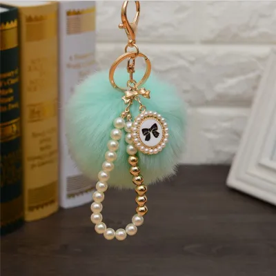 Fashion Pearl Chain Bow Decor Pompon Key Chain