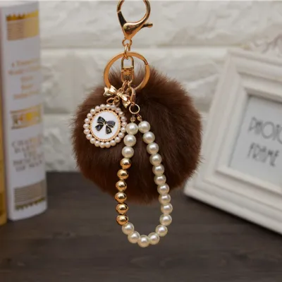Fashion Pearl Chain Bow Decor Pompon Key Chain