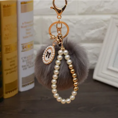 Fashion Pearl Chain Bow Decor Pompon Key Chain