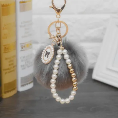 Fashion Pearl Chain Bow Decor Pompon Key Chain