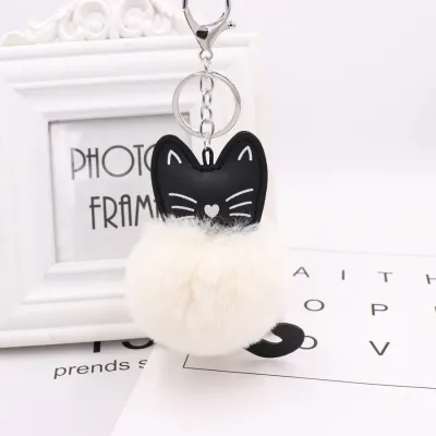 Cute Black Kitten Design Pompon Plush Pendant Key Chain