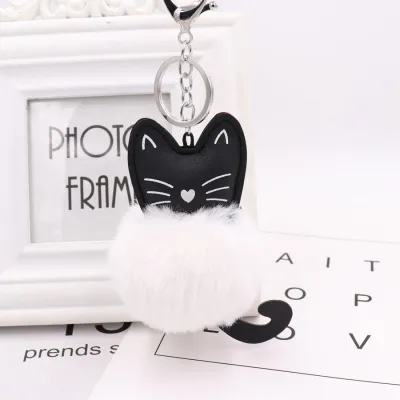 Cute Black Kitten Design Pompon Plush Pendant Key Chain