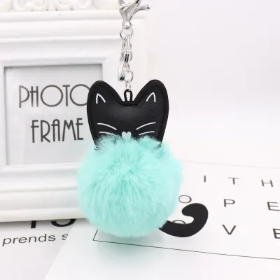 Cute Black Kitten Design Pompon Plush Pendant Key Chain