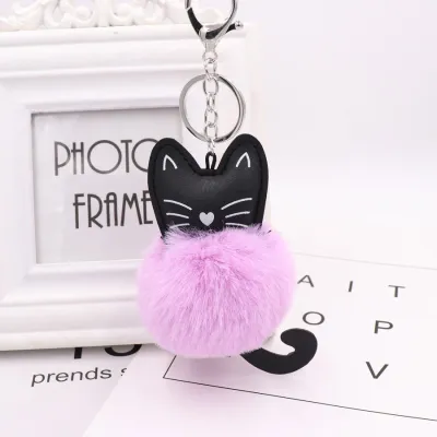 Cute Black Kitten Design Pompon Plush Pendant Key Chain