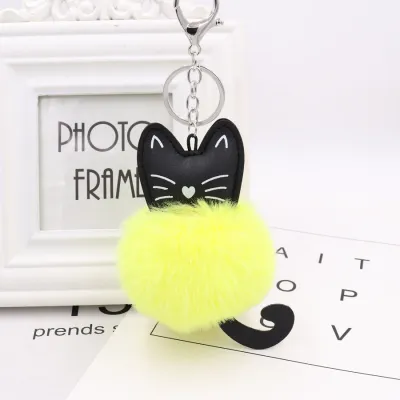 Cute Black Kitten Design Pompon Plush Pendant Key Chain