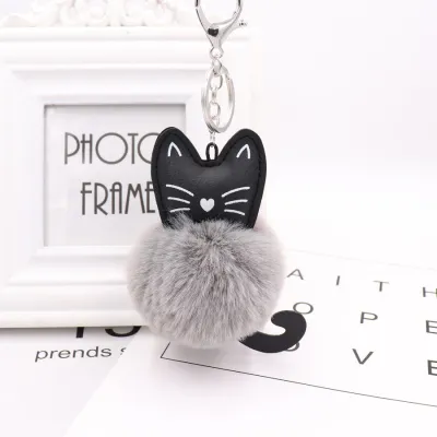 Cute Black Kitten Design Pompon Plush Pendant Key Chain