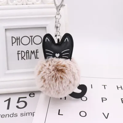 Cute Black Kitten Design Pompon Plush Pendant Key Chain