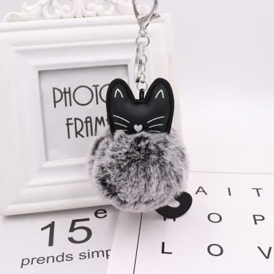 Cute Black Kitten Design Pompon Plush Pendant Key Chain