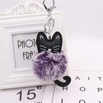 Cute Black Kitten Design Pompon Plush Pendant Key Chain