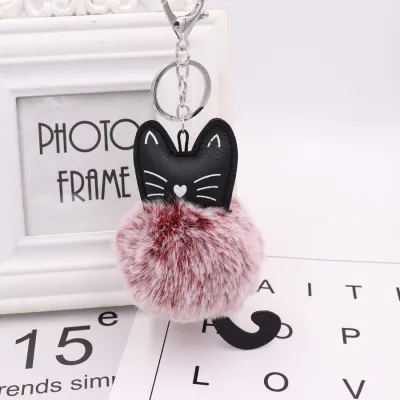 Cute Black Kitten Design Pompon Plush Pendant Key Chain