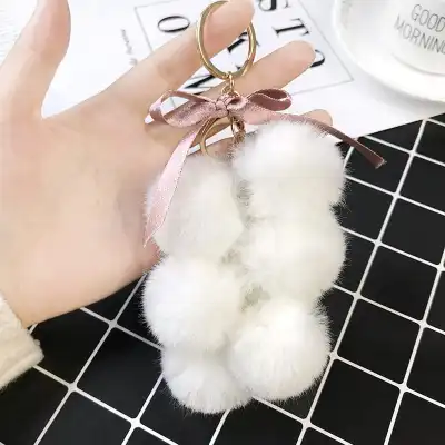 Unique Grape Shaped Faux Fur Pompom Decorative Key Chain With Metal Pendant