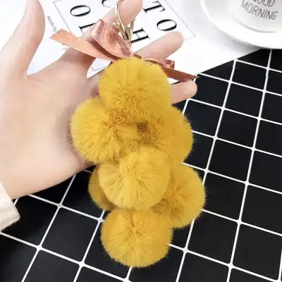 Unique Grape Shaped Faux Fur Pompom Decorative Key Chain With Metal Pendant
