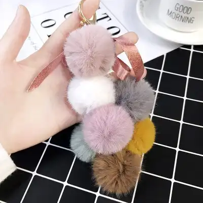 Unique Grape Shaped Faux Fur Pompom Decorative Key Chain With Metal Pendant