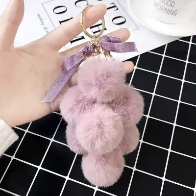 Unique Grape Shaped Faux Fur Pompom Decorative Key Chain With Metal Pendant