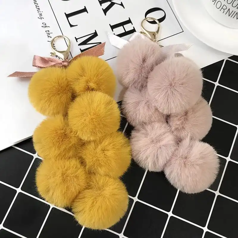 Unique Grape Shaped Faux Fur Pompom Decorative Key Chain With Metal Pendant