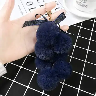 Unique Grape Shaped Faux Fur Pompom Decorative Key Chain With Metal Pendant