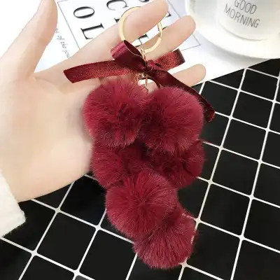 Unique Grape Shaped Faux Fur Pompom Decorative Key Chain With Metal Pendant