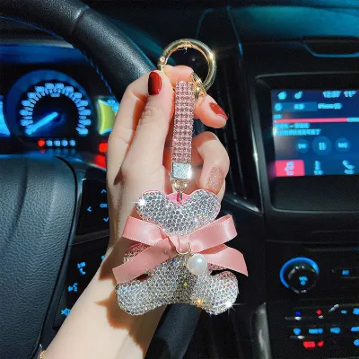 Women Cute Bear Shape Bowknot Rhinestone Key Chain