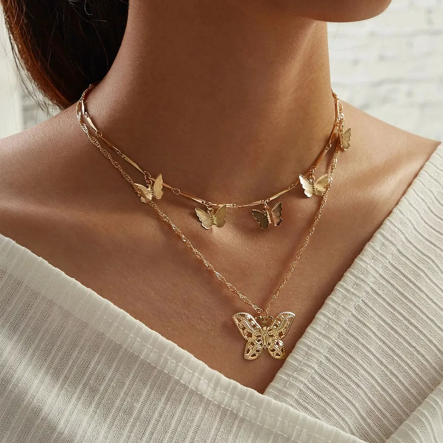 Retro Butterfly Pendant Multilayer Necklace Alloy Unisex Water Wave Chain