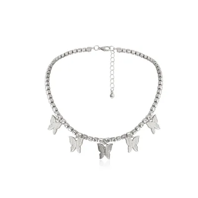 Unique Butterfly Diamond Choker Necklace for Women Simple Copper Iron Rhinestone Chain Jewelry