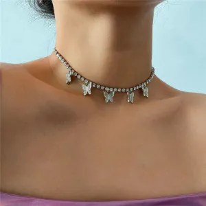 Unique Butterfly Diamond Choker Necklace for Women Simple Copper Iron Rhinestone Chain Jewelry
