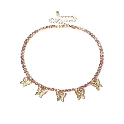 Unique Butterfly Diamond Choker Necklace for Women Simple Copper Iron Rhinestone Chain Jewelry