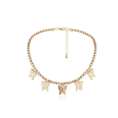Unique Butterfly Diamond Choker Necklace for Women Simple Copper Iron Rhinestone Chain Jewelry