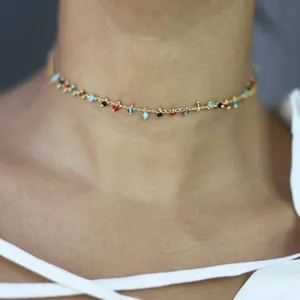 Bohemian Colorful Beaded Choker Necklace Alloy Geometric Pendant