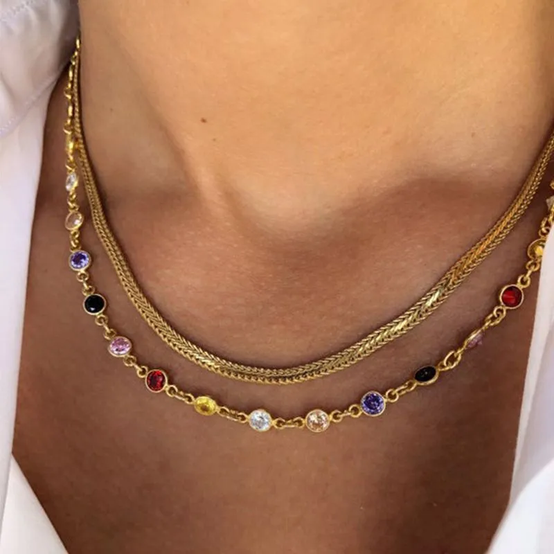 Metal Chain Colorful Rhinestone Double-layer Necklace Women's Alloy Teardrop